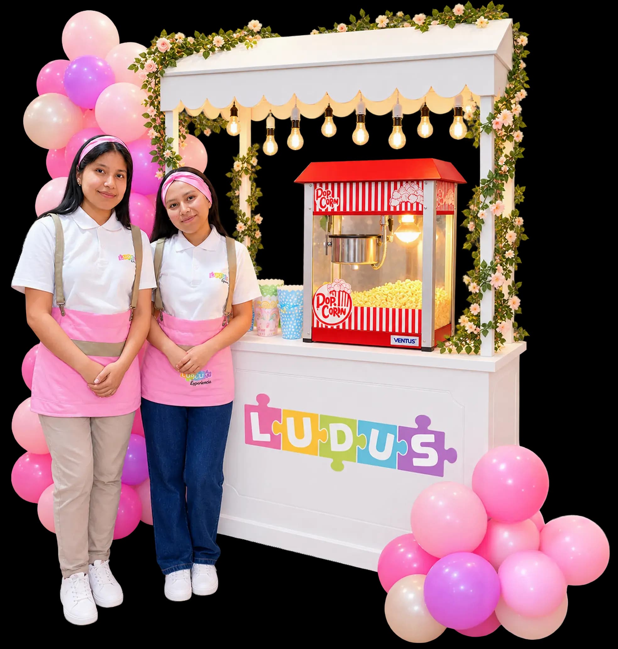 Carrito de snacks infantil premium de Ludus Kids con toldo rayado, algodón de azúcar y popcorn recién hecho